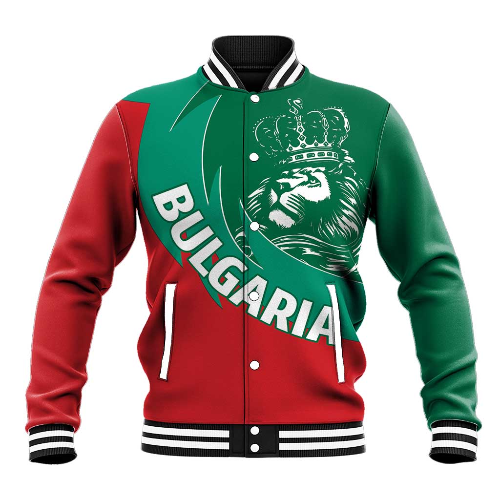 Green and red baseball jacket with Bulgarian lion crest, snap buttons, ribbed collar