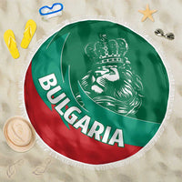 Bulgaria round beach blanket with lion crest, green and red flag print, white fringe edge