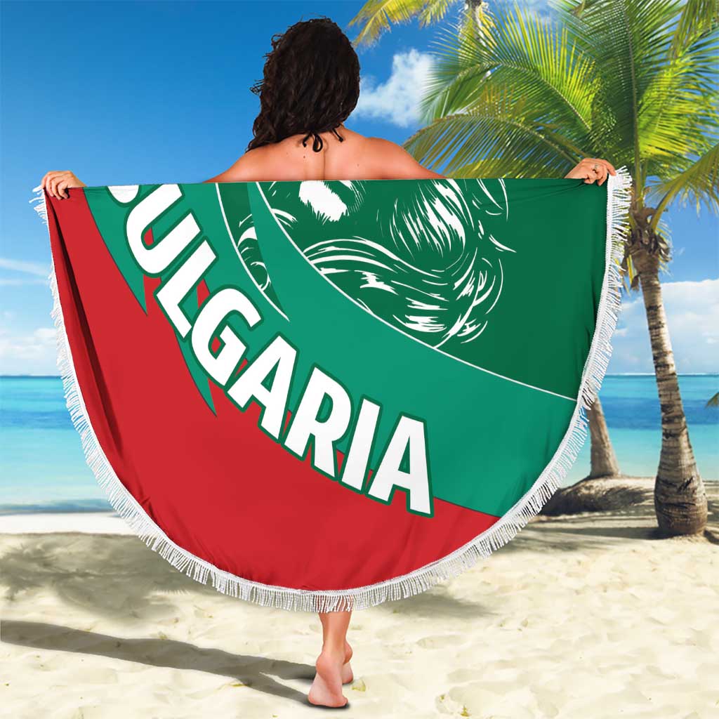 Bulgaria flag beach blanket, round green and red lion crest with white fringe border
