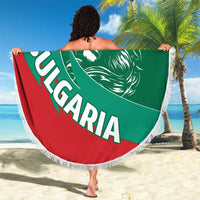Bulgaria flag beach blanket, round green and red lion crest with white fringe border
