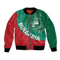 Green and red unisex bomber jacket with front lion emblem and zip closure
