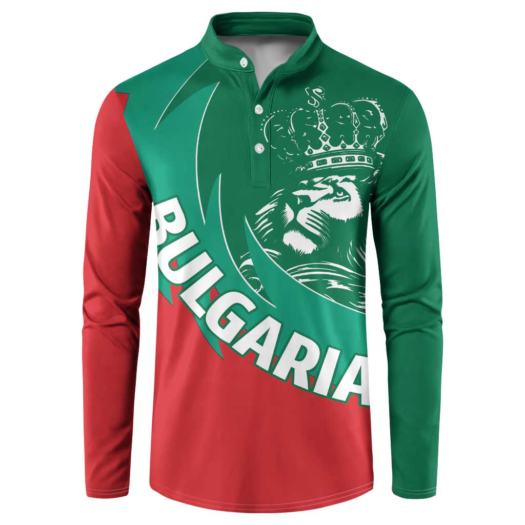 Two-tone green/red button henley sweatshirt with crown-lion graphic and Bulgaria text.