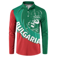 Two-tone green/red button henley sweatshirt with crown-lion graphic and Bulgaria text.