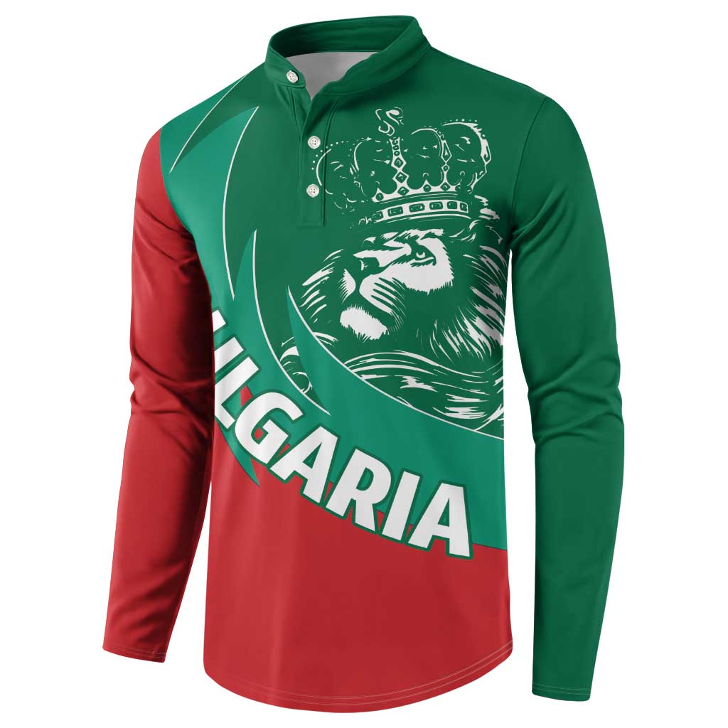 Long-sleeve button henley in green and red with crown-lion print and Bulgaria lettering.