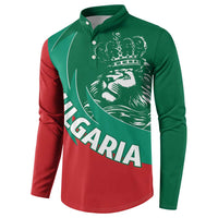 Long-sleeve button henley in green and red with crown-lion print and Bulgaria lettering.