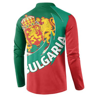 Back view button henley sweatshirt in green and red with Bulgaria crest and Bulgaria text.