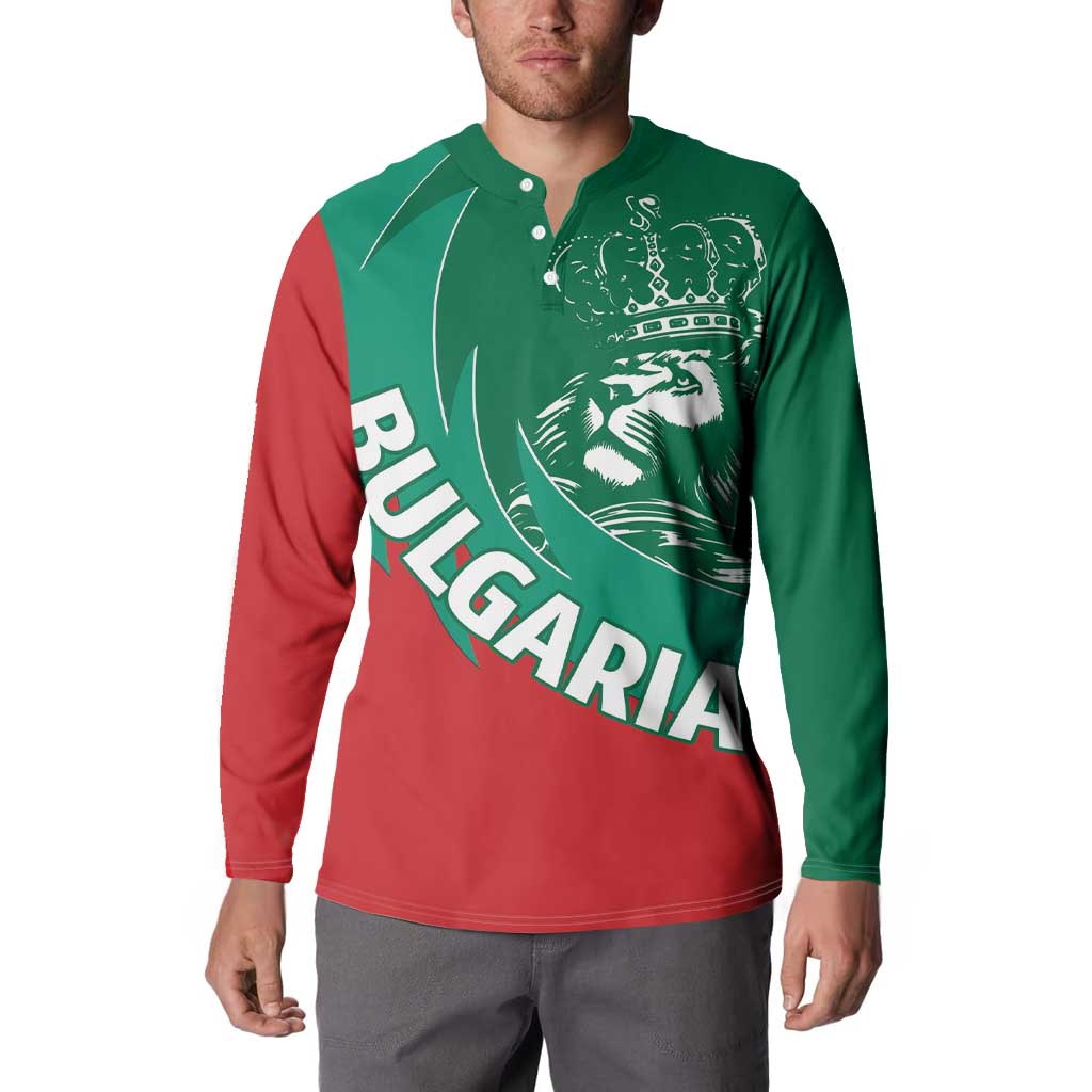 Two-tone green/red button henley sweatshirt with crown-lion graphic and Bulgaria print.
