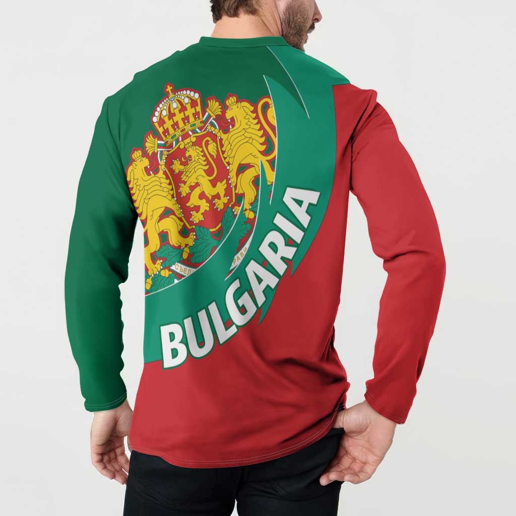 Two-tone green/red button henley sweatshirt with Bulgaria crest and Bulgaria text on back.