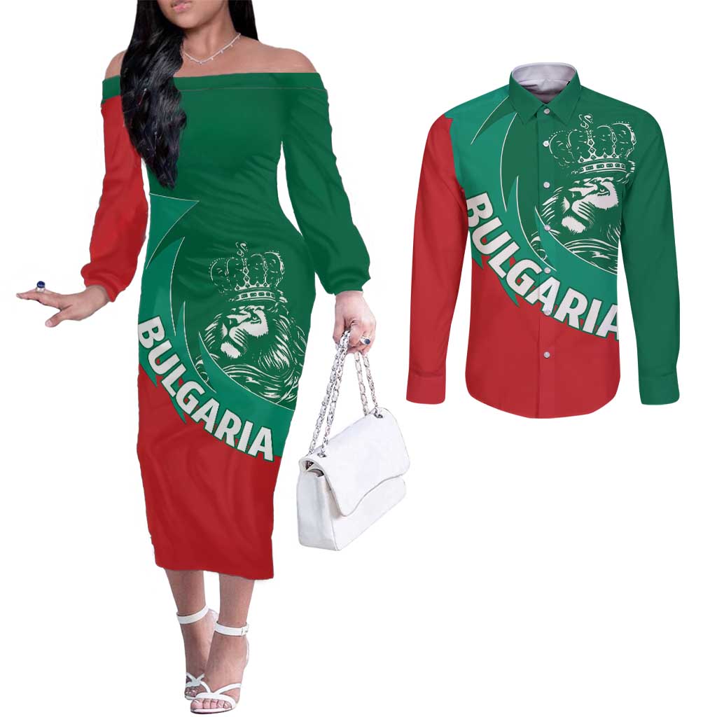 Bulgaria Lion Couples Matching Off The Shoulder Long Sleeve Dress and Long Sleeve Button Shirt Bulgarian Coat Of Arms