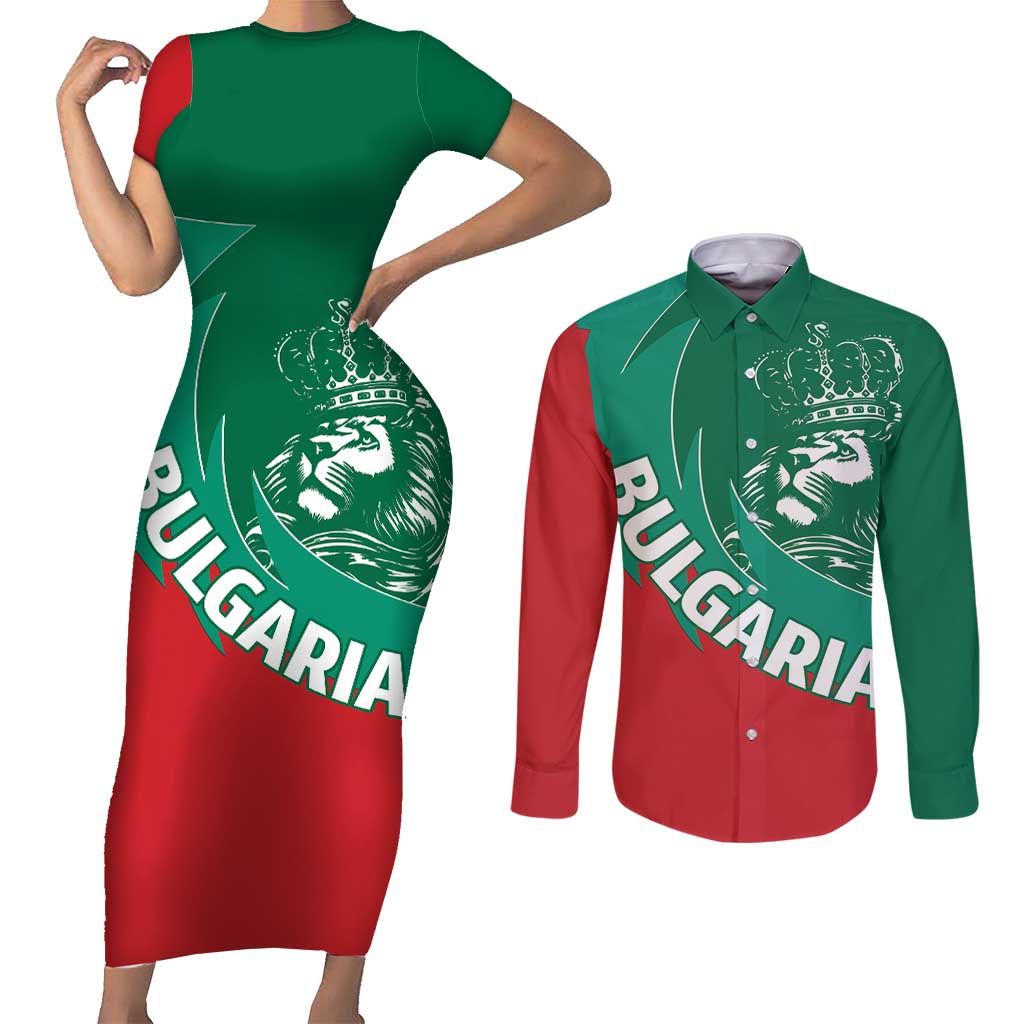 Bulgaria Lion Couples Matching Short Sleeve Bodycon Dress and Long Sleeve Button Shirt Bulgarian Coat Of Arms