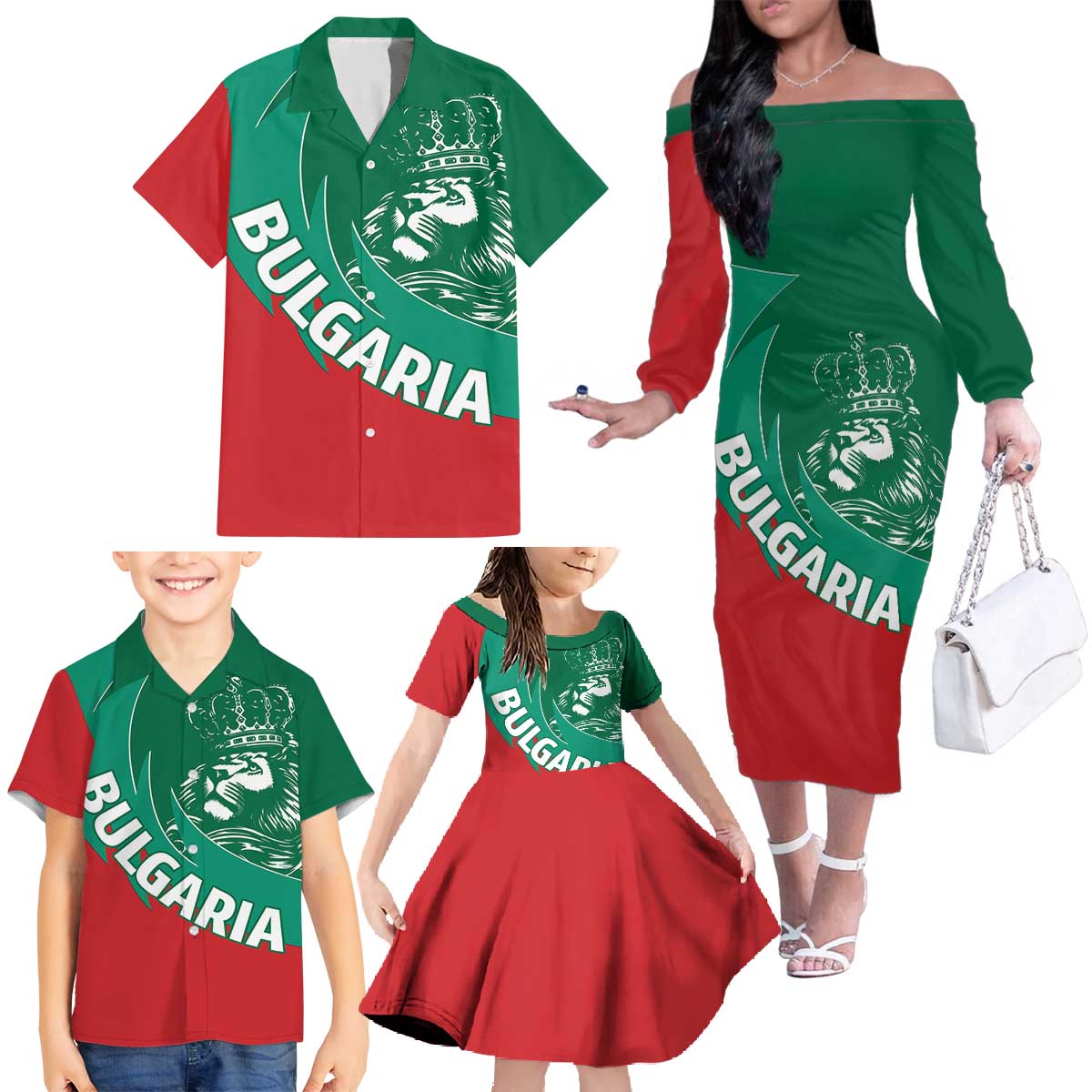 Bulgaria Lion Family Matching Off The Shoulder Long Sleeve Dress and Hawaiian Shirt Bulgarian Coat Of Arms