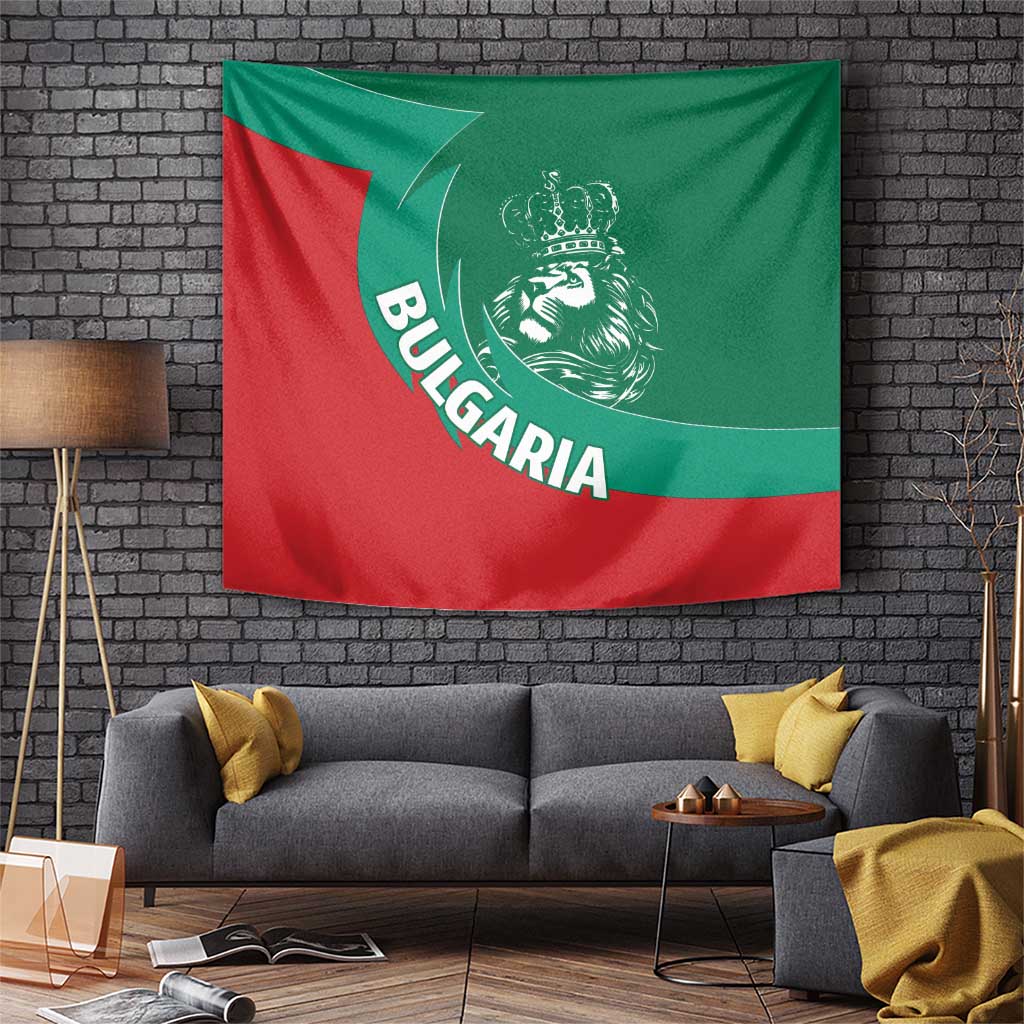 Green and red Bulgaria lion coat of arms tapestry flag with BULGARIA lettering