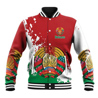 Red and white varsity baseball jacket with striped rib collar and Belarus emblem front