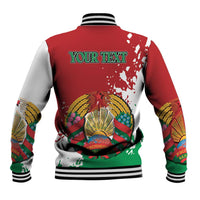 Red and white baseball jacket back with YOUR TEXT graphic and large Belarus map art