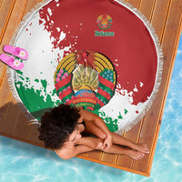 Top view round Belarus beach blanket, red green white with fringe edge and map graphic