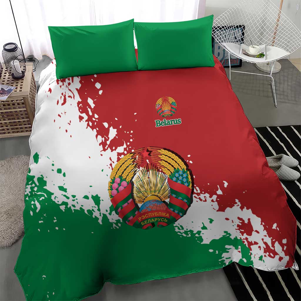 Green, red, and white duvet cover set with two green pillowcases and centered emblem print