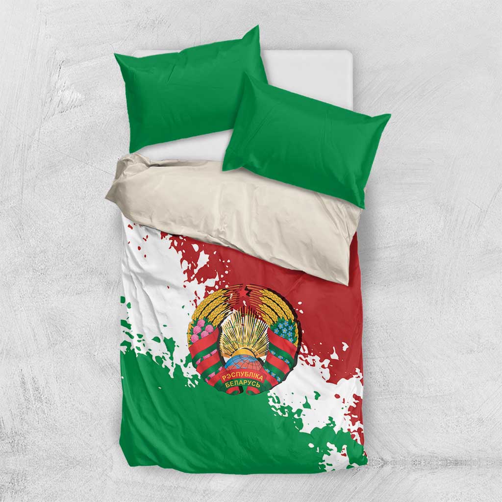Green pillowcases and red/white/green duvet cover with circular Belarus emblem graphic