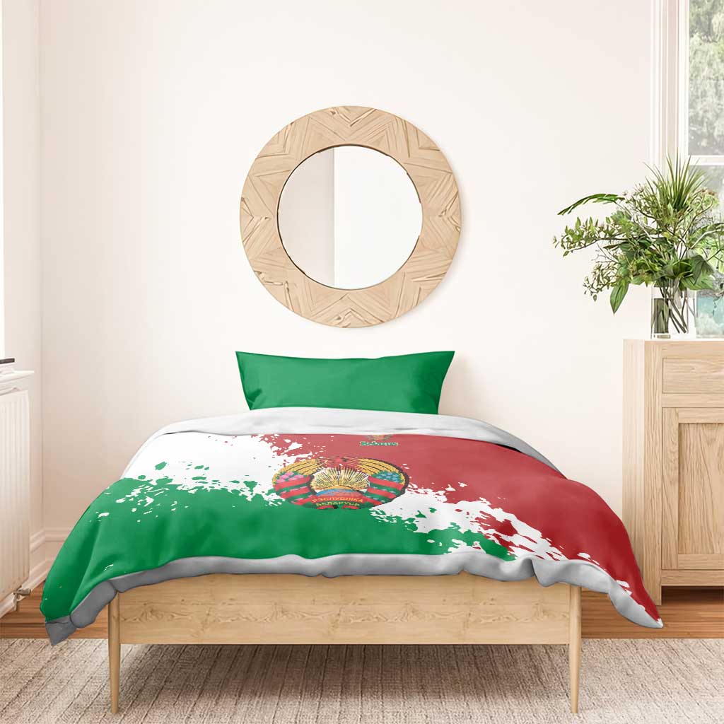 Green pillow and red/white/green duvet cover with centered Belarus emblem print