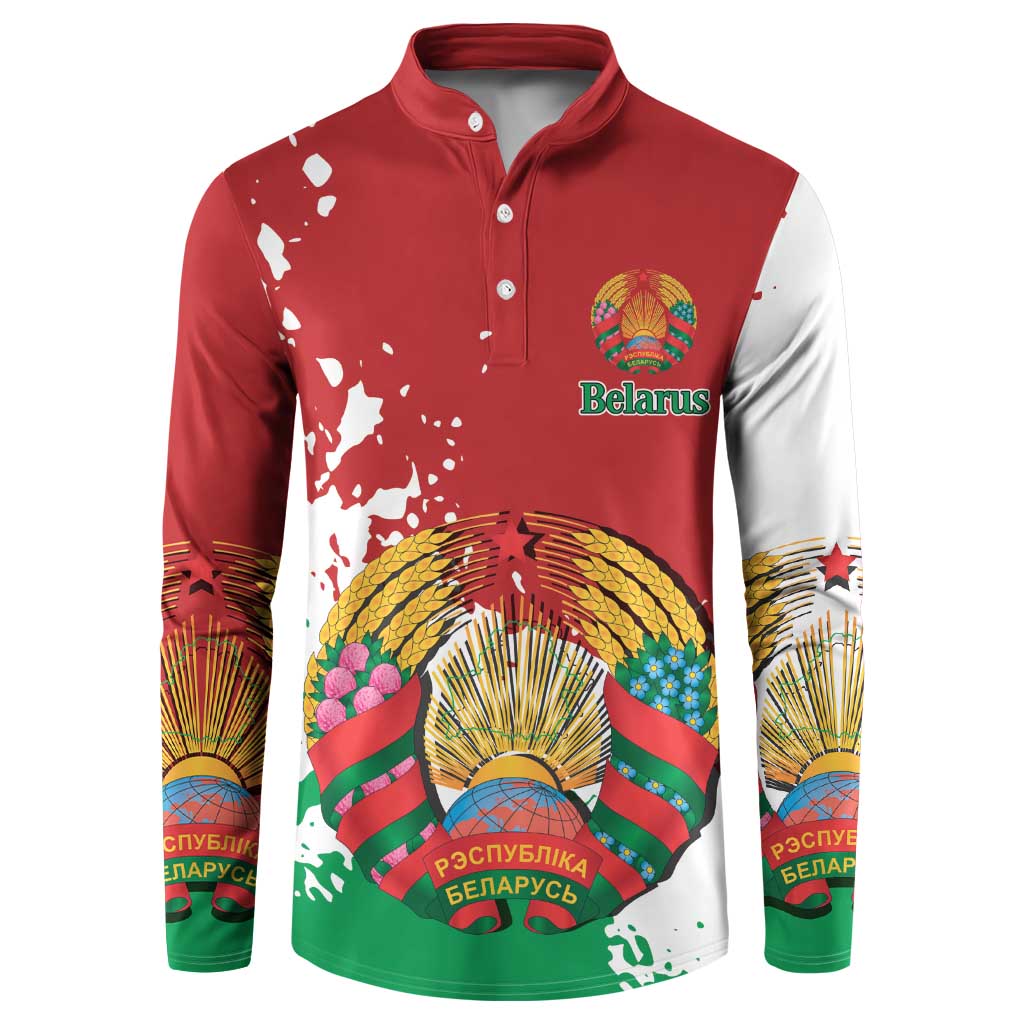 Red button sweatshirt with Belarus crest graphic, long sleeves
