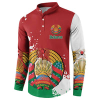 Red button sweatshirt with Belarus crest on chest, long sleeves graphic