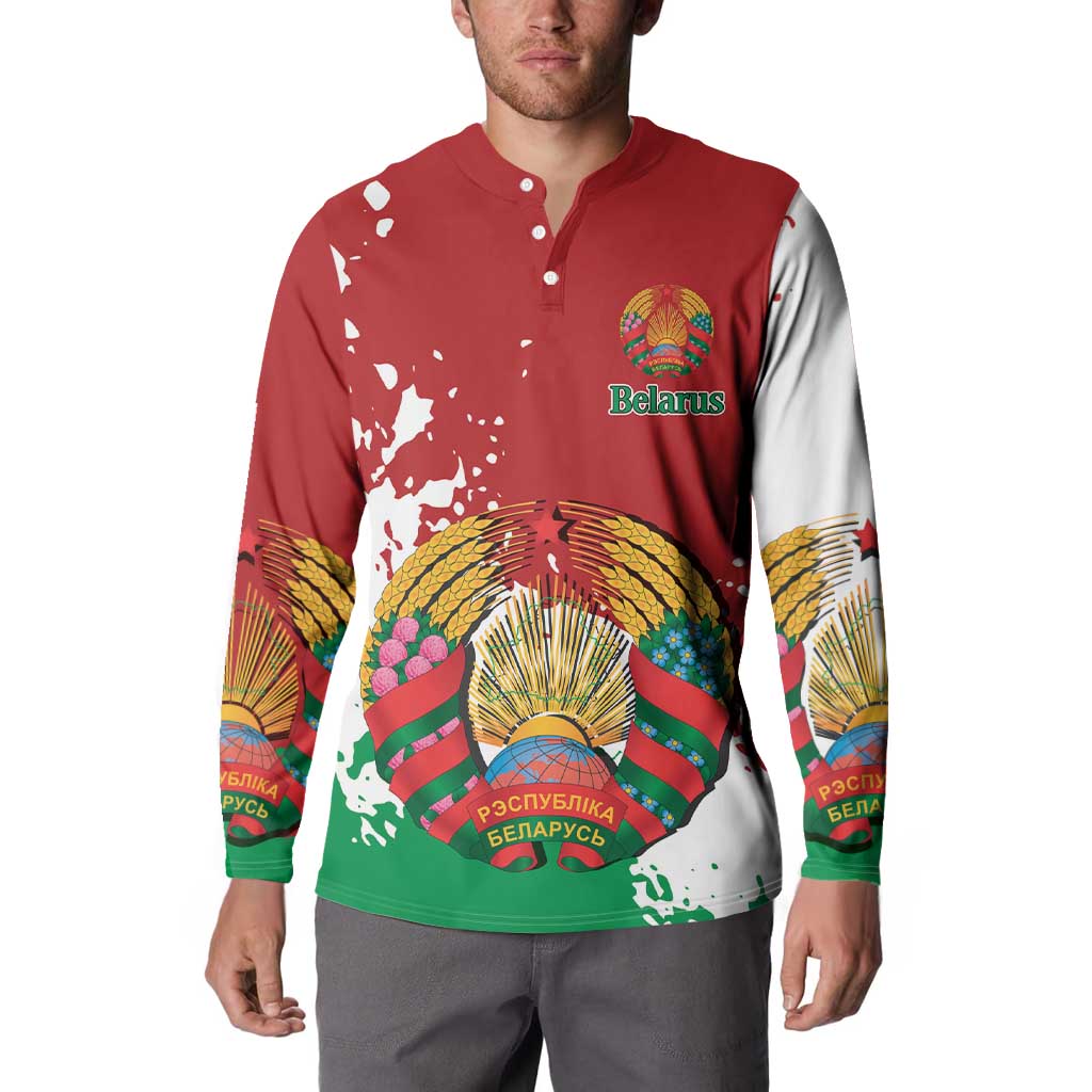 Red button sweatshirt with Belarus crest graphic and colorful sleeve print, long sleeves