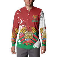 Red button sweatshirt with Belarus crest graphic and colorful sleeve print, long sleeves