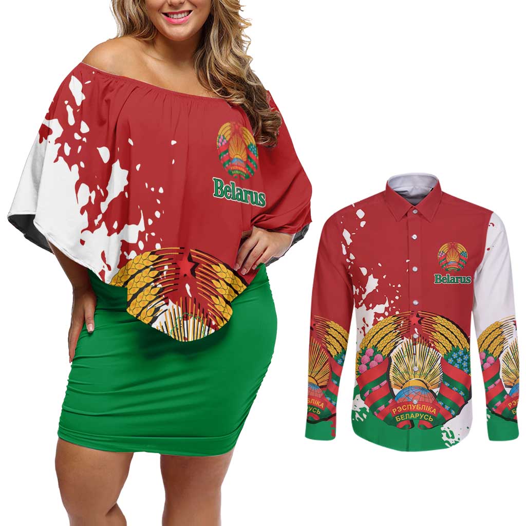 Personalized Belarus Couples Matching Off Shoulder Short Dress and Long Sleeve Button Shirt Special Style