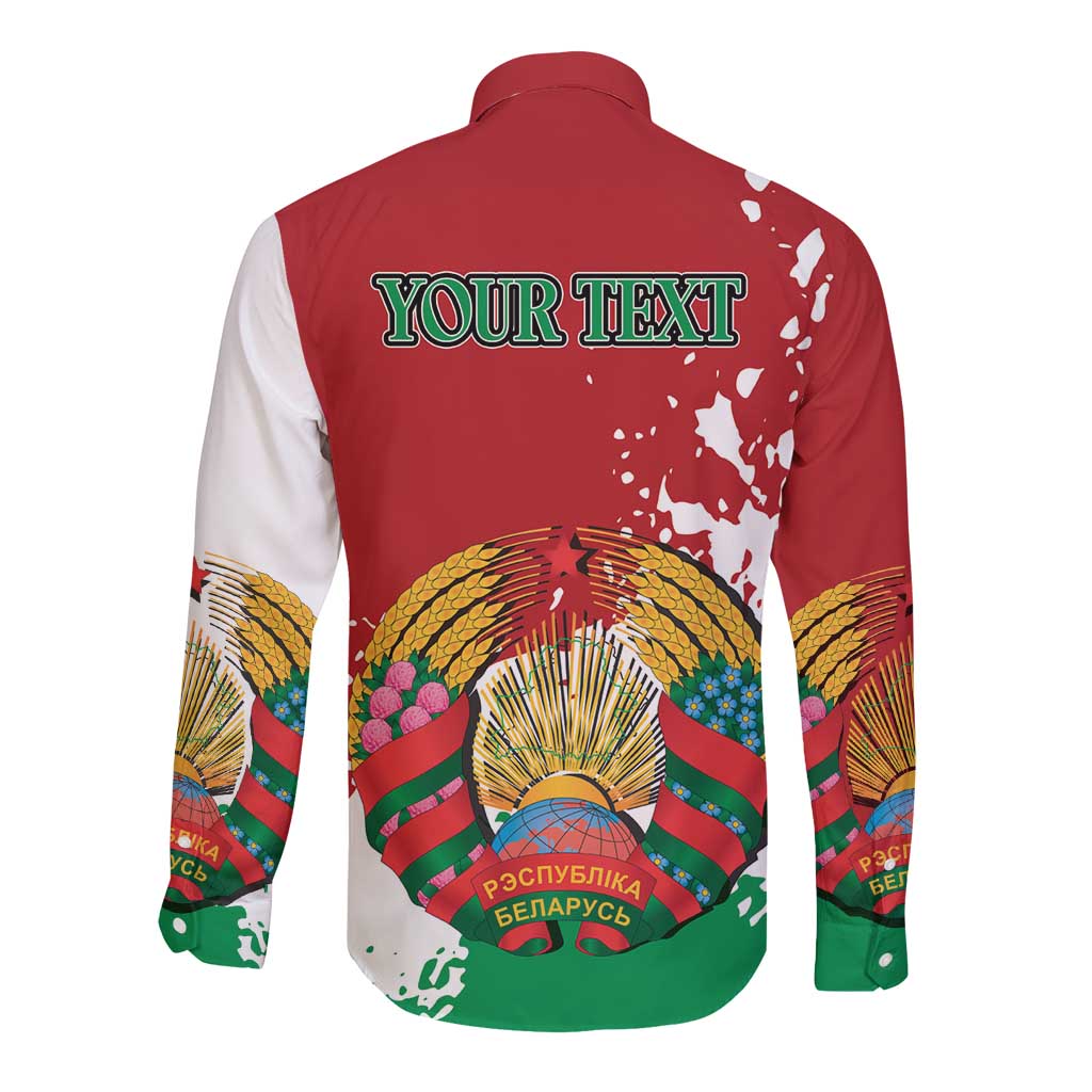 Long-sleeve button shirt back with YOUR TEXT banner and Belarus emblem design