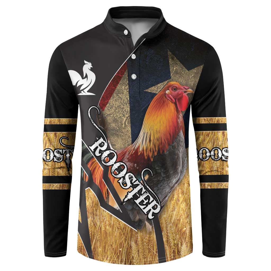 Black button sweatshirt with rooster front print and gold stripe cuffs