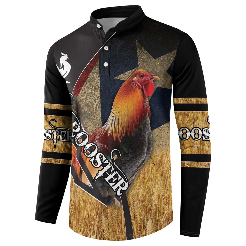 Black button sweatshirt with rooster graphic, gold sleeve stripes, and button placket