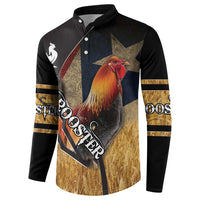 Black button sweatshirt with rooster graphic, gold sleeve stripes, and button placket