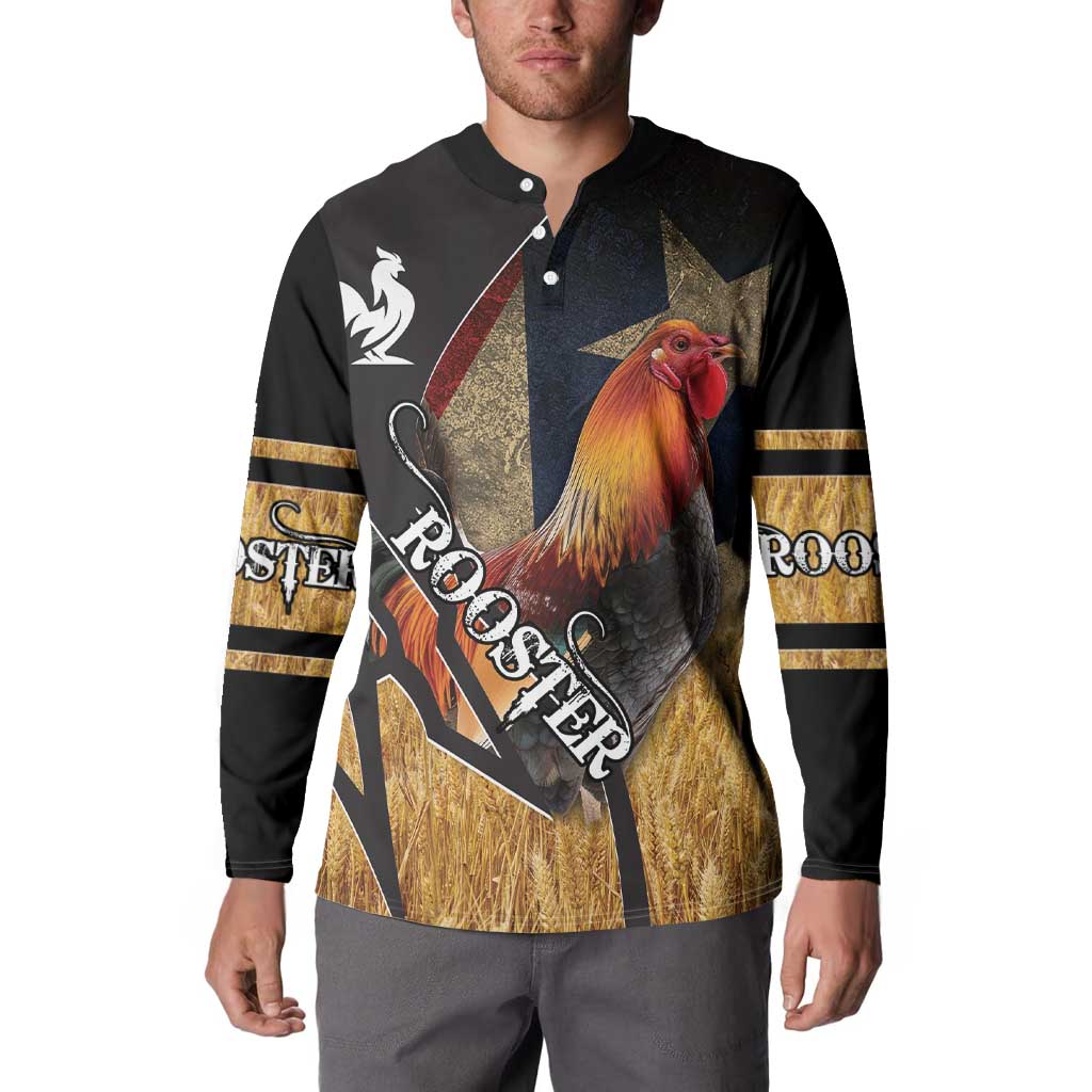 Black button sweatshirt with large rooster front graphic and gold striped sleeve bands