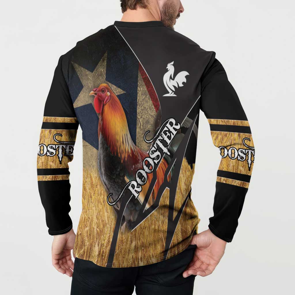 Black button sweatshirt with rooster back design and gold striped sleeves