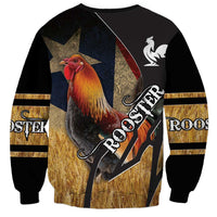 Unisex black sweatshirt, rooster graphic centered with diagonal stripe and sleeve text