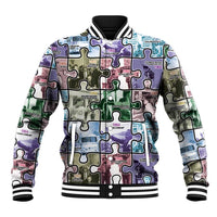 Puzzle-pattern baseball jacket with multicolor collage, ribbed striped collar and cuffs, snap front