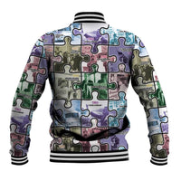 Puzzle-print baseball jacket back view, multicolor collage, ribbed striped hem and cuffs
