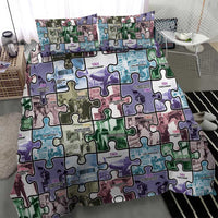 Puzzle-themed duvet cover and pillowcases featuring colorful jigsaw shapes and dates