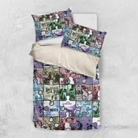 Puzzle-themed bedding set showing folded duvet cover and two pillowcases with jigsaw print