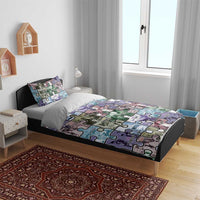Puzzle collage bedding set on bed with duvet and pillowcases in colorful jigsaw pattern