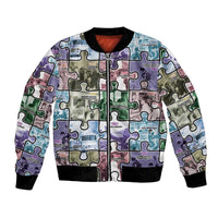 Unisex puzzle bomber jacket with colorful puzzle-print, ribbed black cuffs and hem