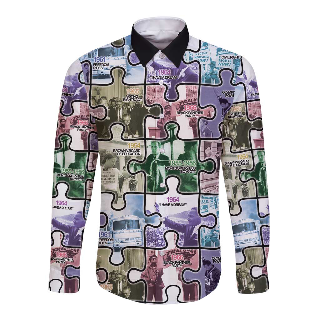 Long-sleeve button shirt with multicolor jigsaw puzzle patchwork print and black pointed collar