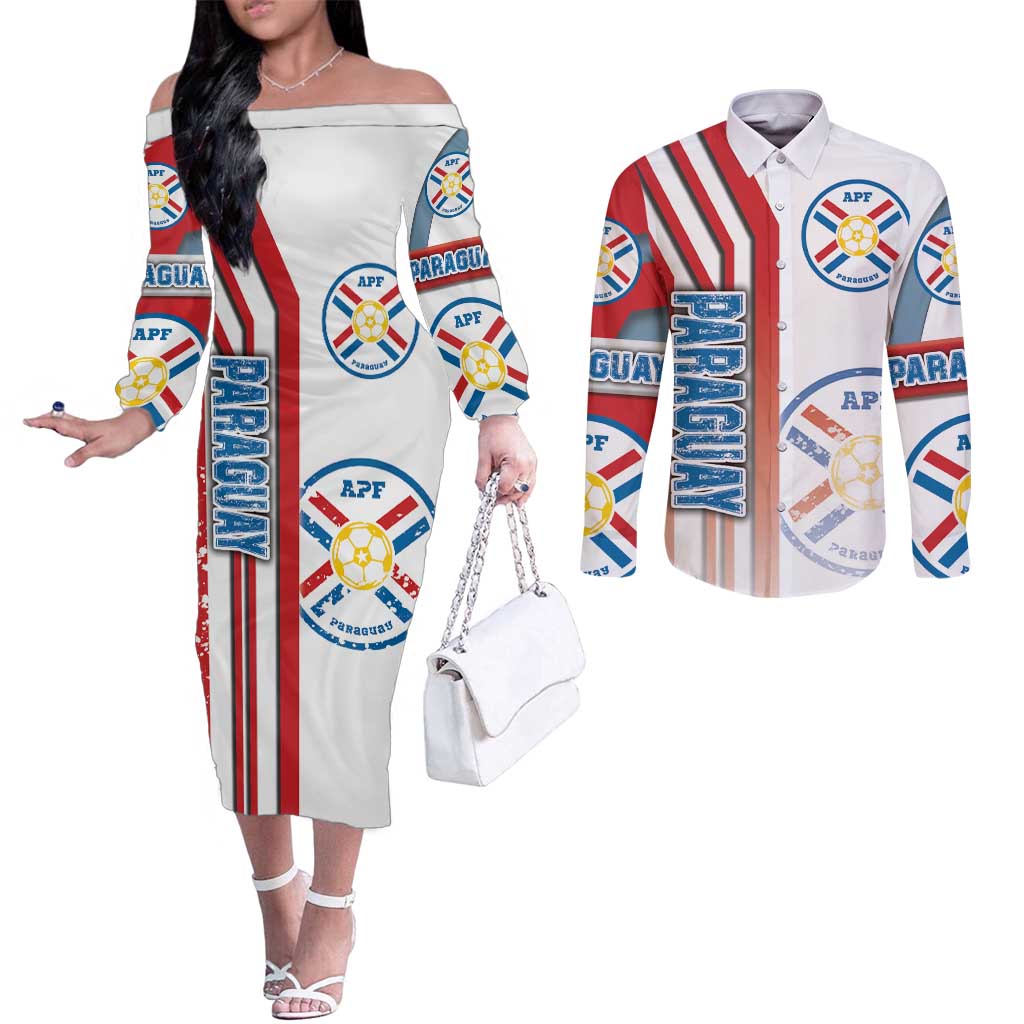 Paraguay Football Couples Matching Off The Shoulder Long Sleeve Dress and Long Sleeve Button Shirt La Albirroja Soccer - Road To Champion