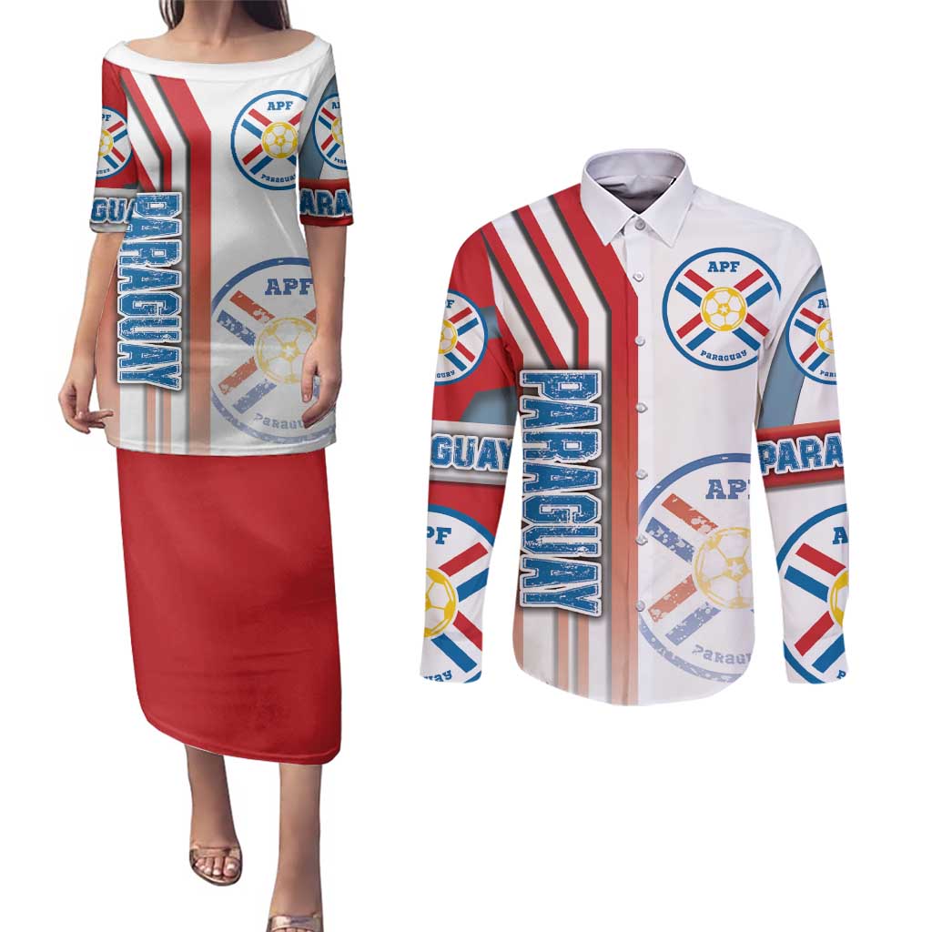 Paraguay Football Couples Matching Puletasi and Long Sleeve Button Shirt La Albirroja Soccer - Road To Champion