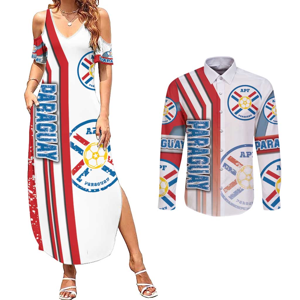 Paraguay Football Couples Matching Summer Maxi Dress and Long Sleeve Button Shirt La Albirroja Soccer - Road To Champion