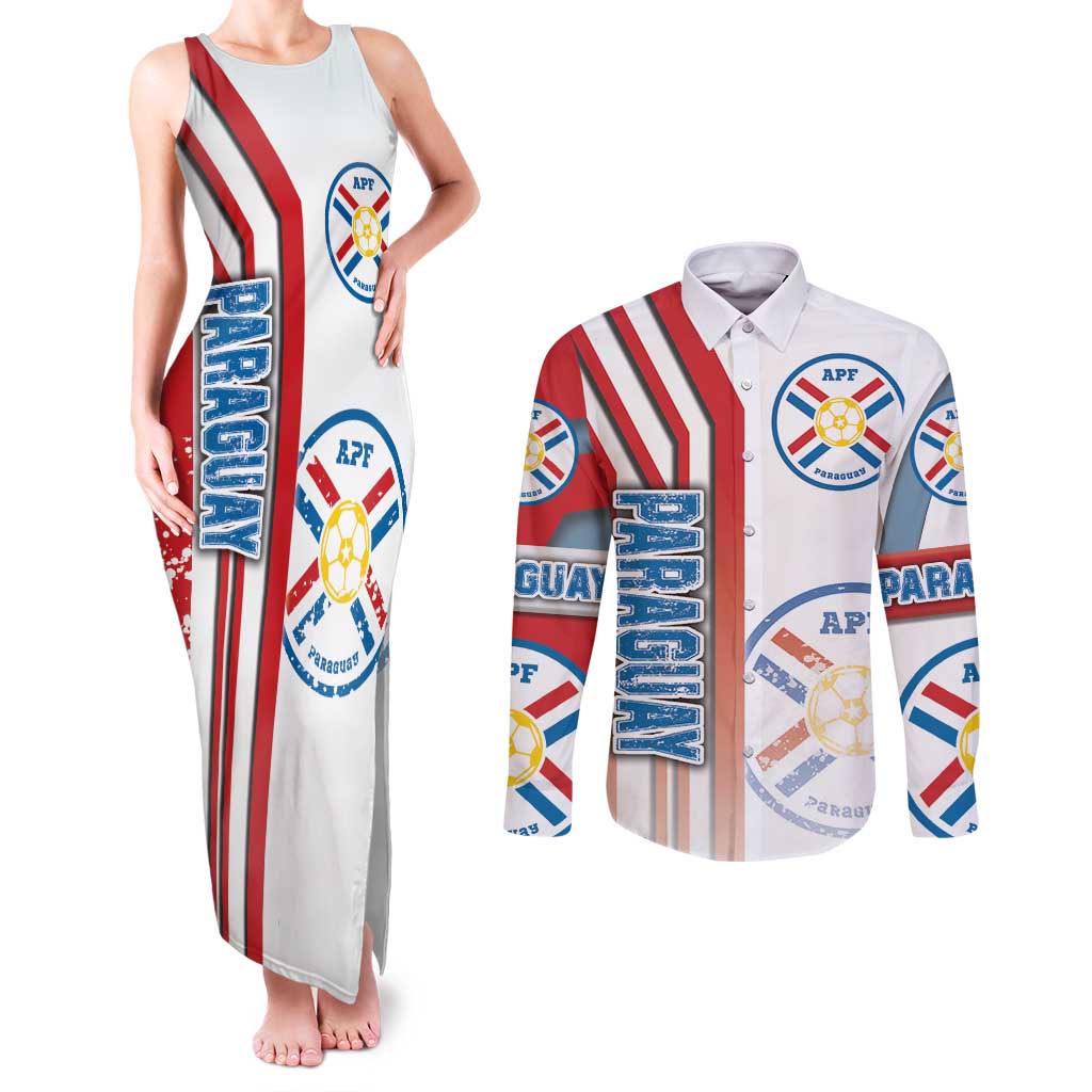 Paraguay Football Couples Matching Tank Maxi Dress and Long Sleeve Button Shirt La Albirroja Soccer - Road To Champion