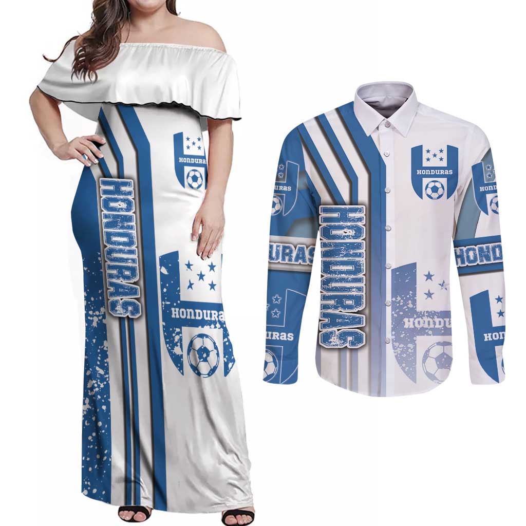 Honduras Football Couples Matching Off Shoulder Maxi Dress and Long Sleeve Button Shirt Los Catrachos Soccer - Road To Champion