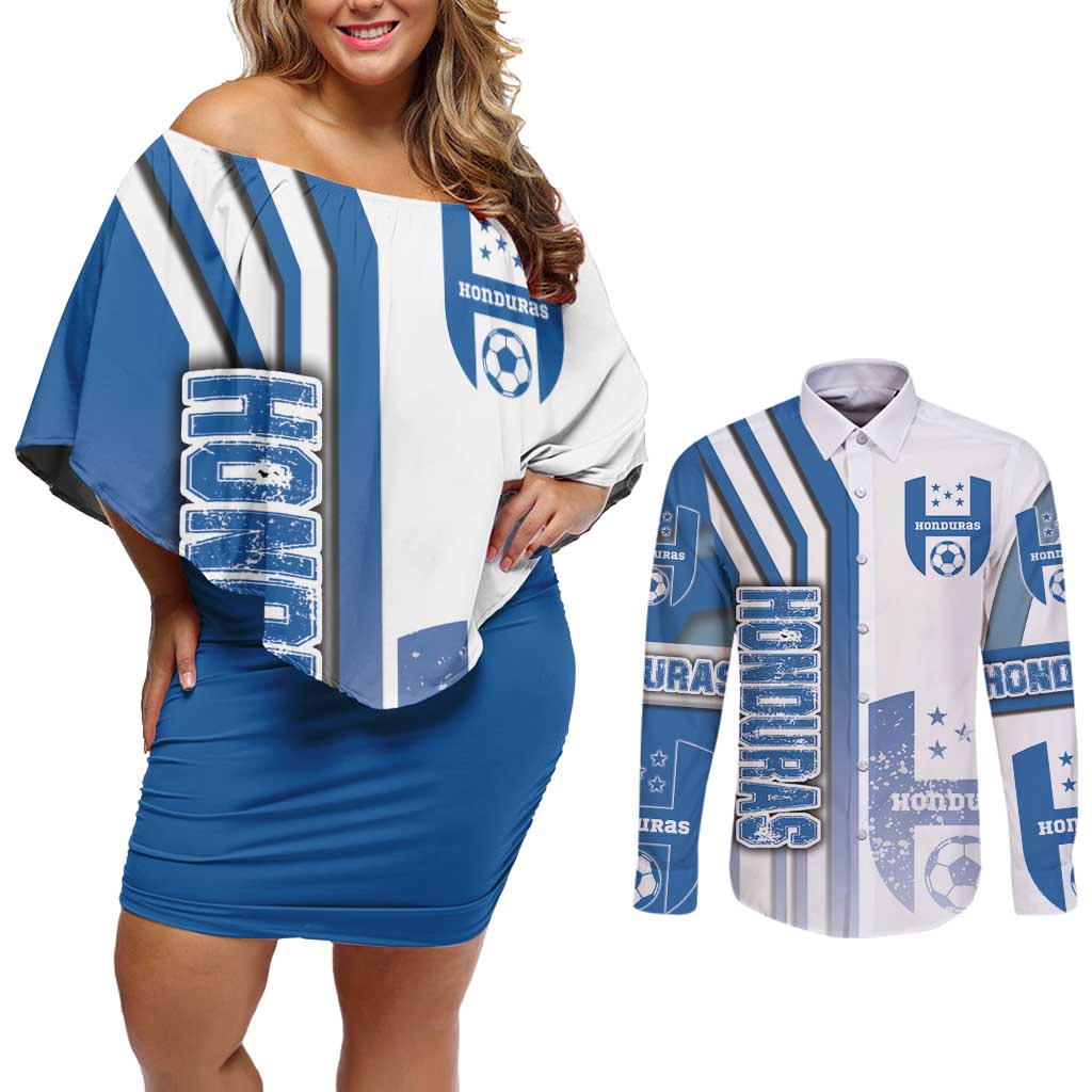 Honduras Football Couples Matching Off Shoulder Short Dress and Long Sleeve Button Shirt Los Catrachos Soccer - Road To Champion