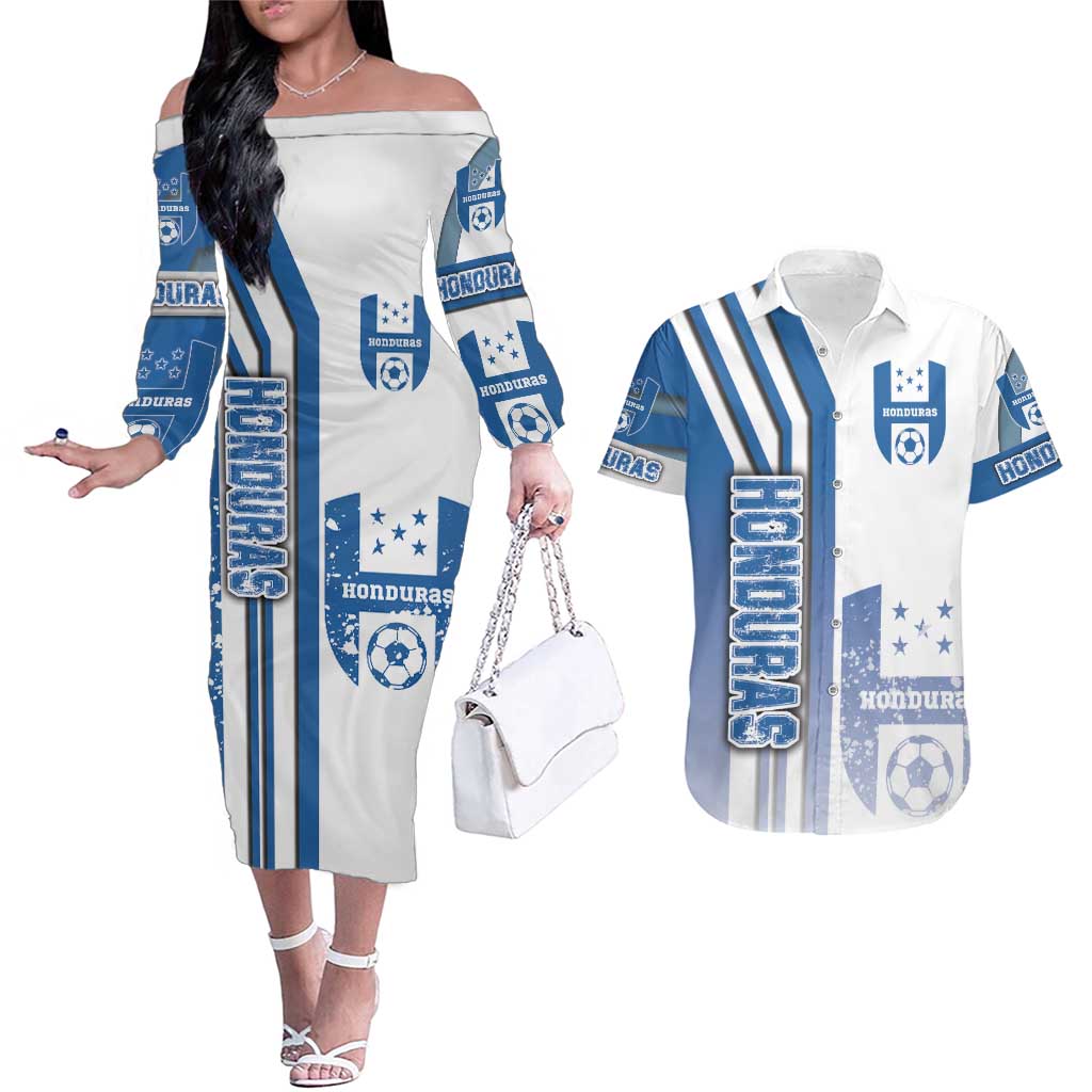 Honduras Football Couples Matching Off The Shoulder Long Sleeve Dress and Hawaiian Shirt Los Catrachos Soccer - Road To Champion