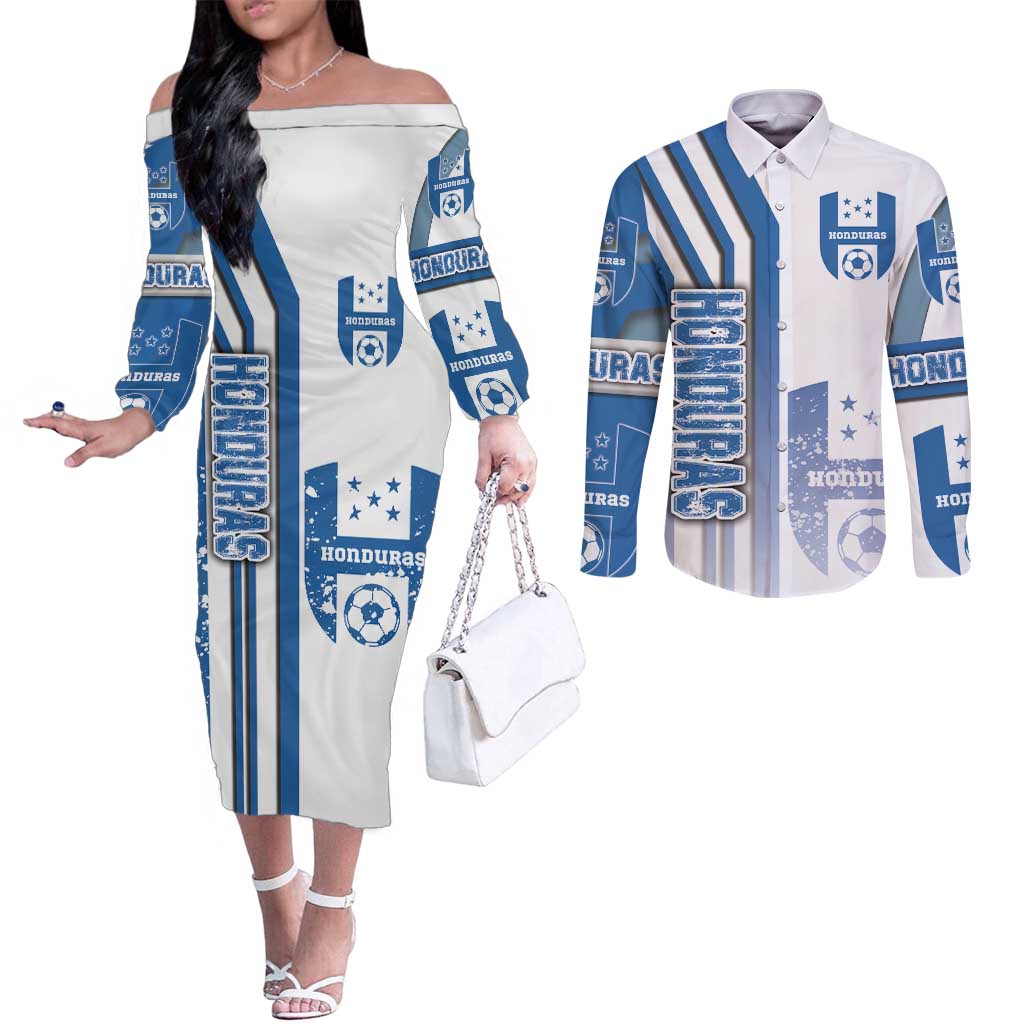 Honduras Football Couples Matching Off The Shoulder Long Sleeve Dress and Long Sleeve Button Shirt Los Catrachos Soccer - Road To Champion