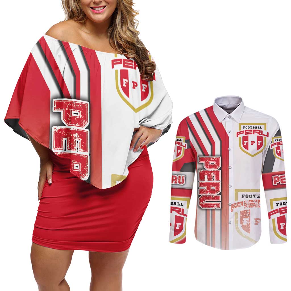 Peru Football Couples Matching Off Shoulder Short Dress and Long Sleeve Button Shirt La Bicolor Soccer - Road To Champion